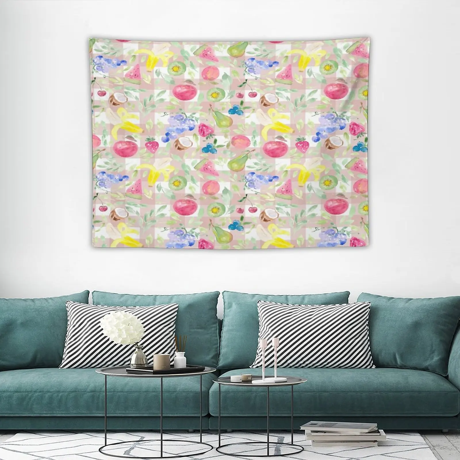 

Room Decoration Aesthetic Aesthetic Watercolor Fruit on Blush Pink Gingham Tapestry Japanese Room Decor Tapestry Funny Goth Room