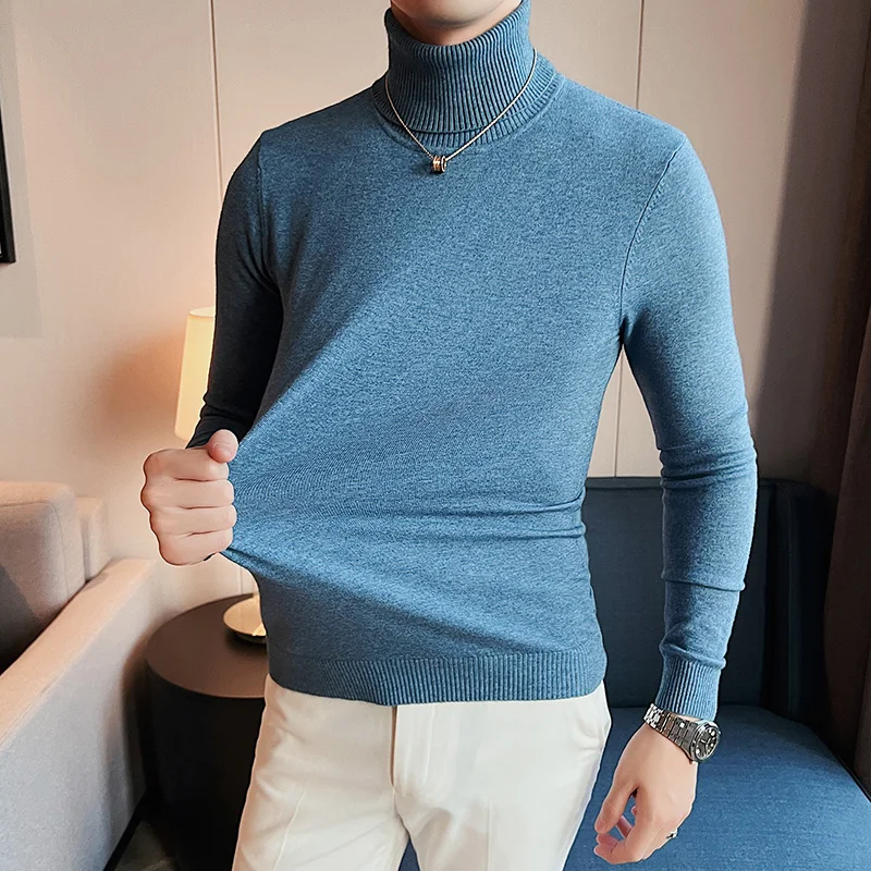 Korean Style Men Keep Warm In Winter High Collar Knit Sweater Male Slim Fit Fashion Casual Pullover Man Long Sleeve Sweater 4XL