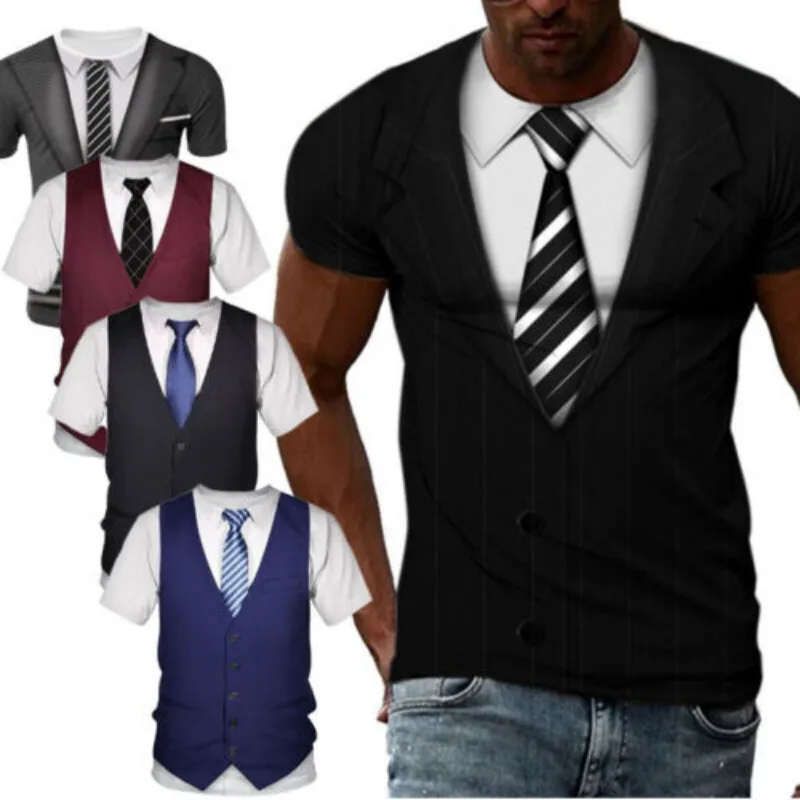

Business men 3D printed tuxedo T-shirt short sleeve lapel fake suit comfortable T-shirt vest shirt one piece