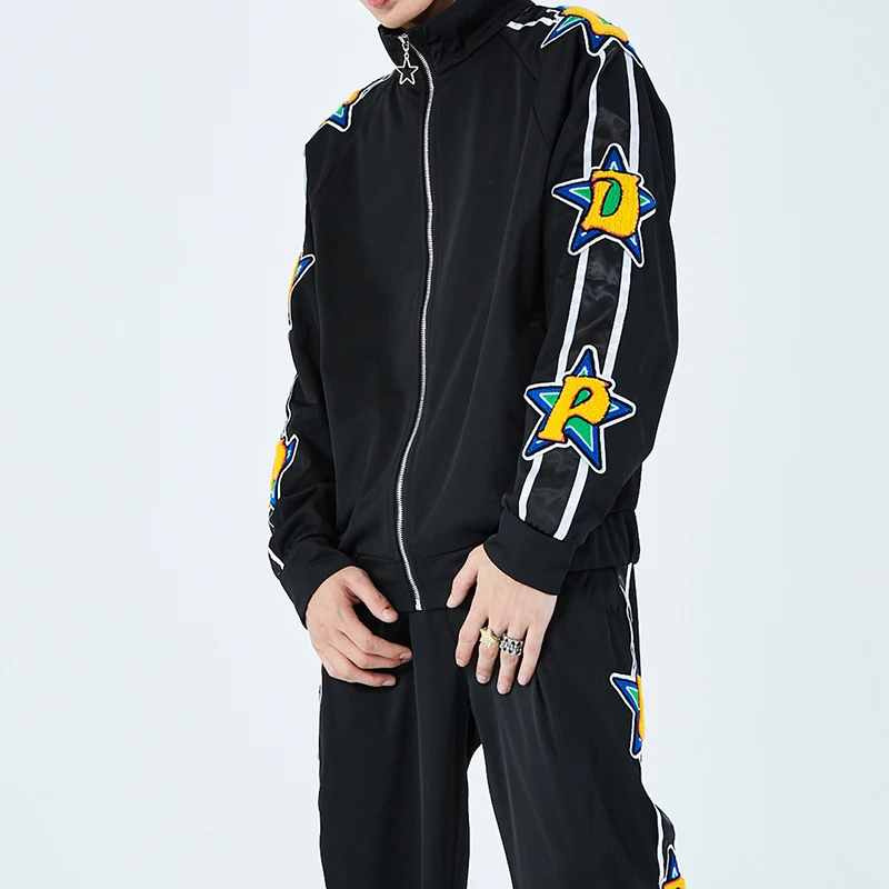 Mens and Womens High Street Lapel Velvet Zipper Casual Coat Oversize Sleeve Letter Embroidery Striped Autumn Jackets