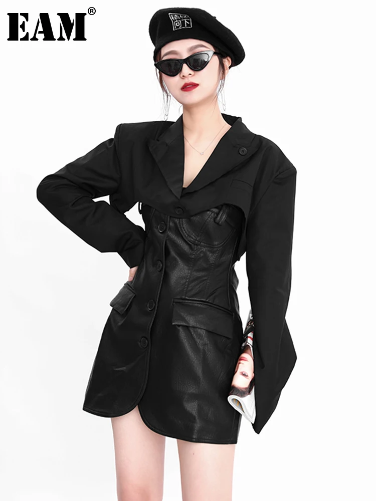 

[EAM] Women Pu Leather Black Hollow Out Cool Blazer Dress New Lapel Long Sleeve Loose Fit Fashion Spring Autumn 2022 1DE096001