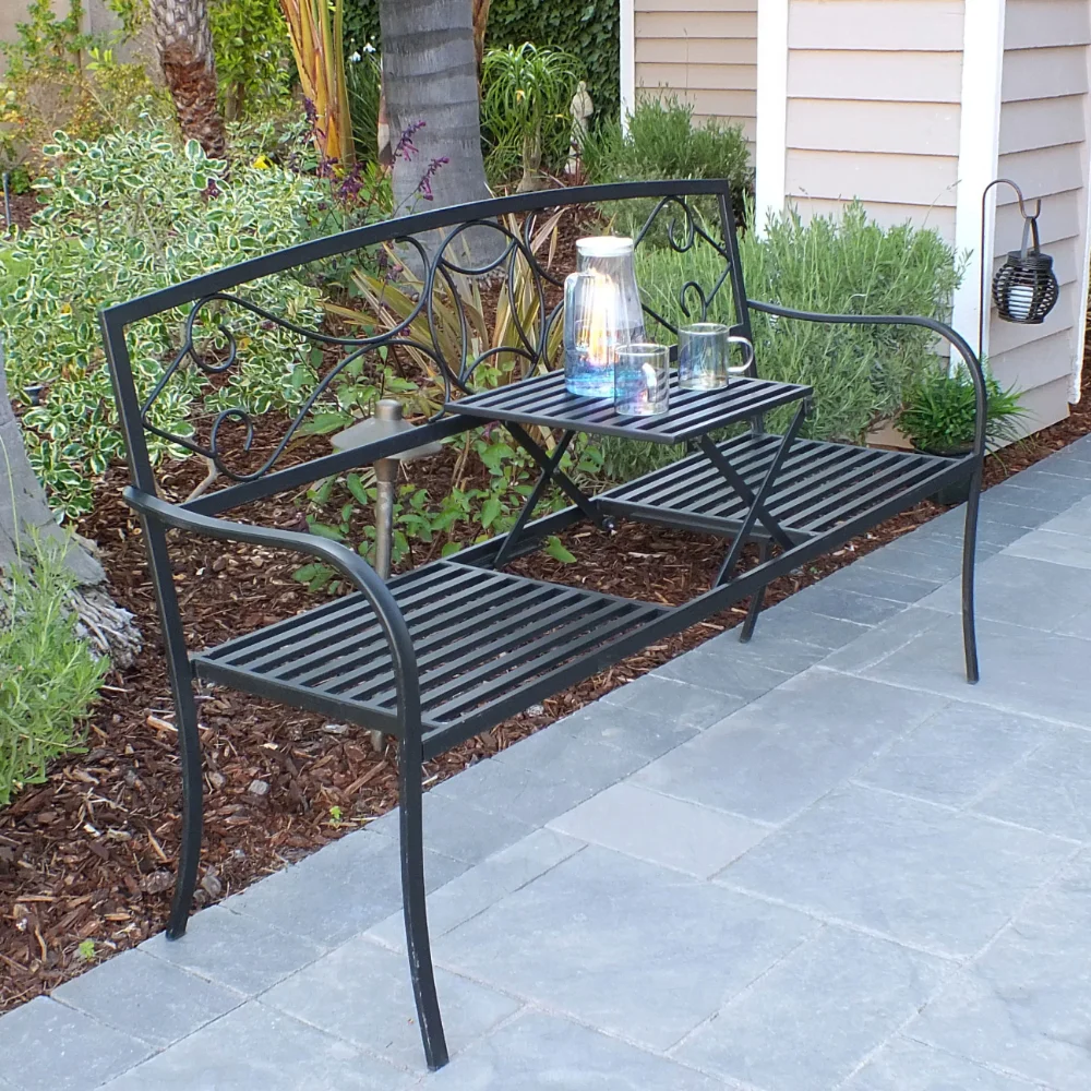 

Alpine Corporation Metal Garden Bench with Retractable Table, Black