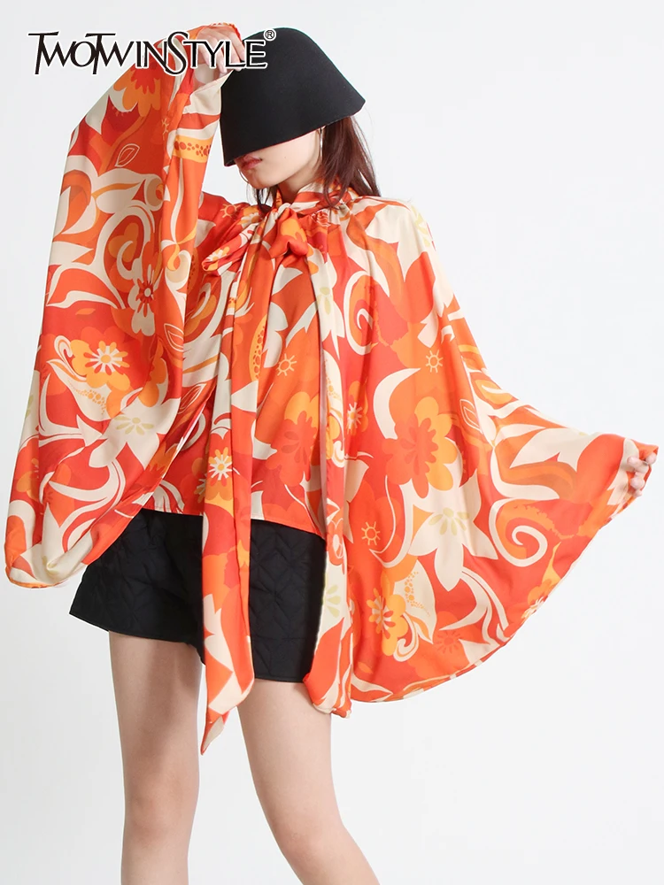 

TWOTWINSTYLE Casual Print Shirt For Women Bowknot Collar Batwing Long Sleeve Colorblock Loose Blouses Female Clothing New 2022