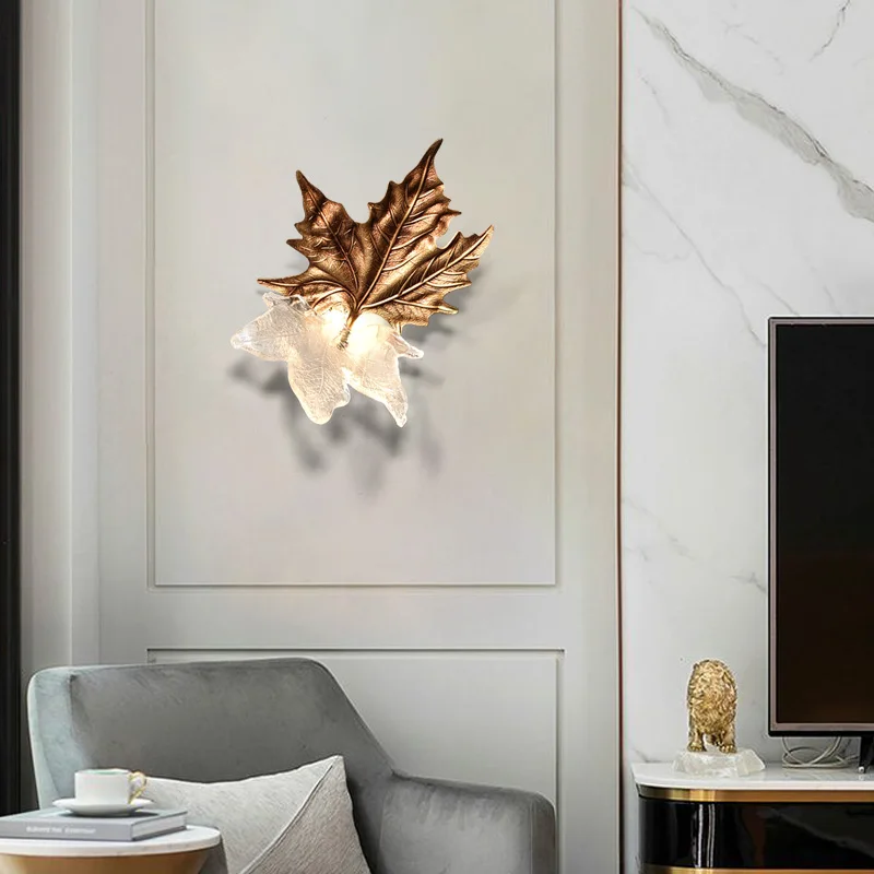 

Wall Lamp Home Decor Led Indoor Lighting Fixture Sconce Living Room Bedroom Decoration Design Maple Leaves Copper Handmade Glass