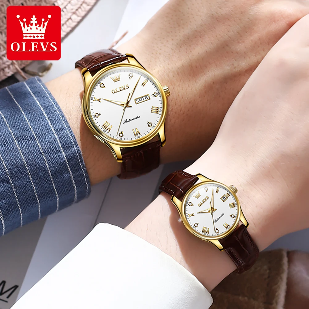 OLEVS Couple Automatic Mechanical Watch Sets For Men And Women Top Brand Luxury Waterproof Leather Week Date Watches For Lovers