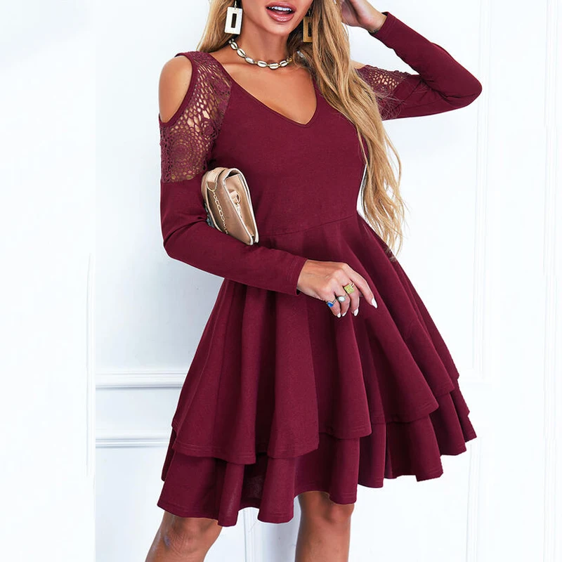 

Женское однотонное платье с V-образным вырезом, длинным рукавом