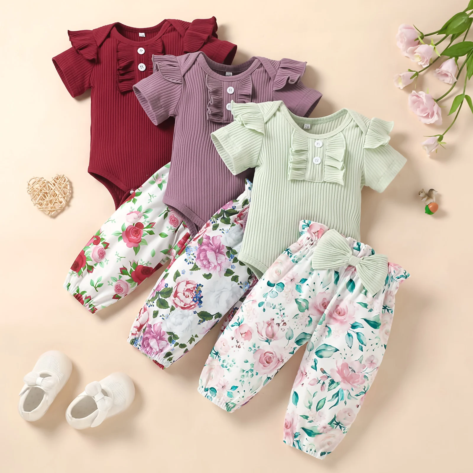 

Newborn Set Baby Girl Infant Short Sleeve Rib Romper Matching Floral Leopard Printed Pants Clothing Sets