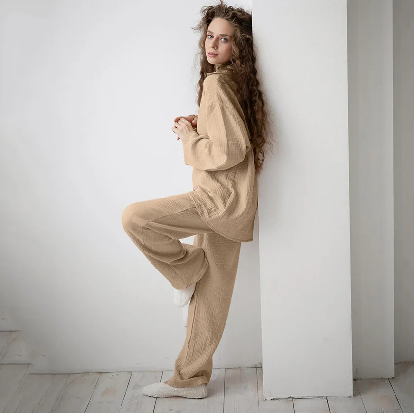 Khaki Pajamas Set Womens Cotton 2 Piece Set Loose Long Sleeve Loose Pajamas Casual Sleepwear Female Home Suits
