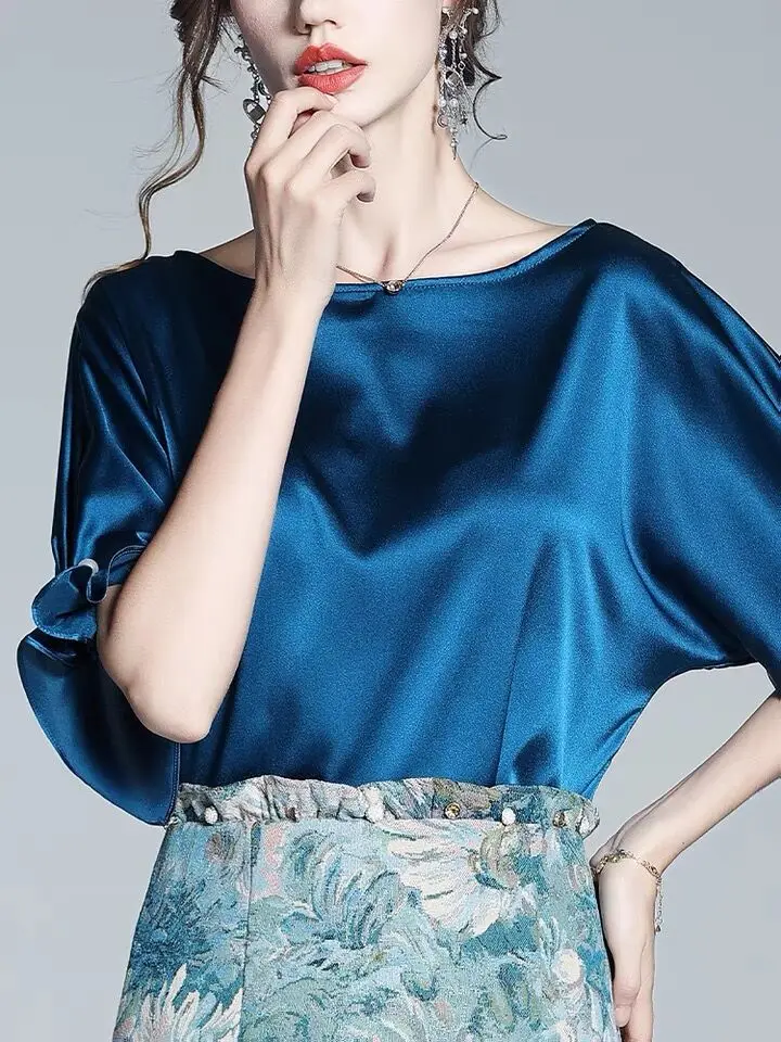 Европейская мода роскошная атласная рубашка с короткими рукавами из ацетата