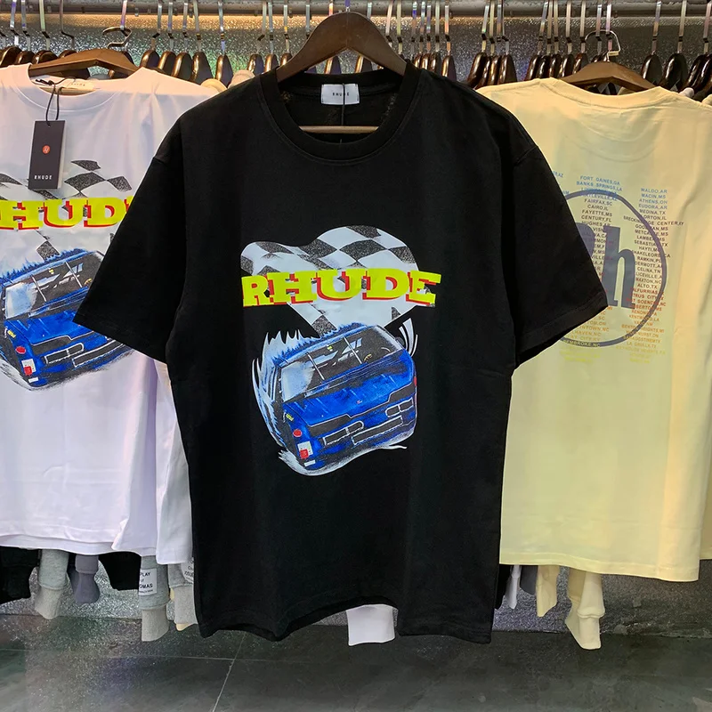 

T-Shirt Casual RHUDE Oversize Print Race Car Men Women 1:1 Rhude Black Short Sleeve Top Tee