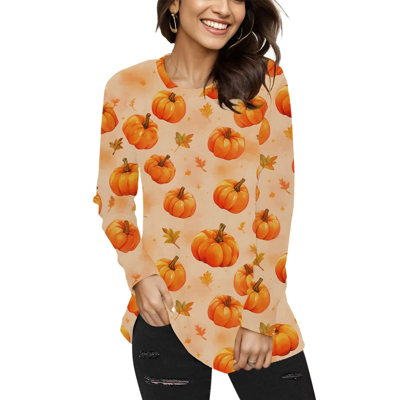 

Женская футболка с принтом тыквы на Хэллоуин, топы с длинным рукавом, футболка с круглым вырезом, повседневные рубашки, модные блузы для женщин, Осень-зима