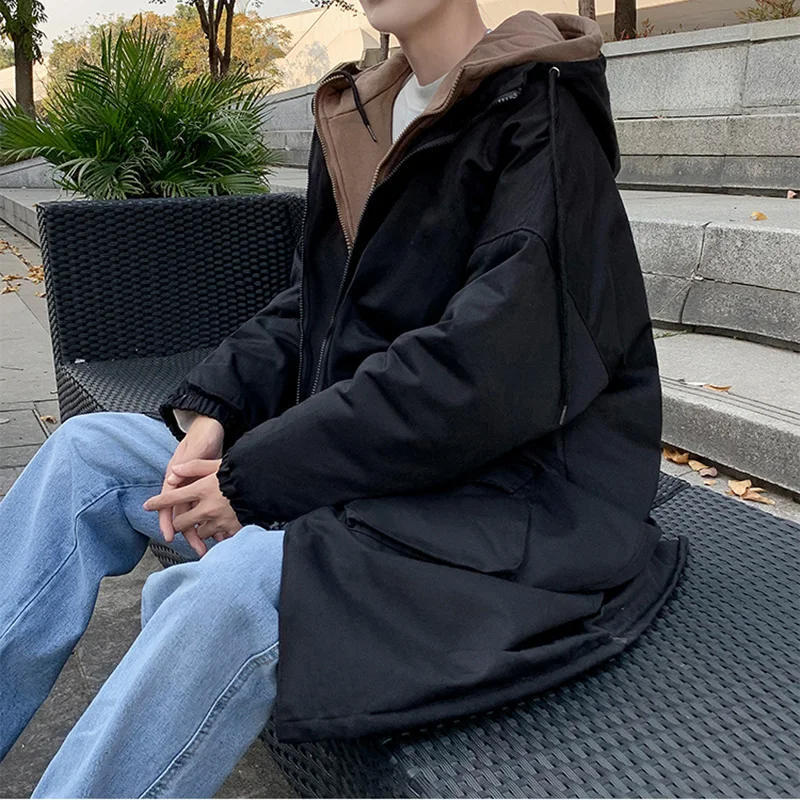 Fake Two Pieces Parkas Men's Medium Hooded High Street Harajuku Zipper Freight Fashion Winter Thickened Coat Korean Windbreaker