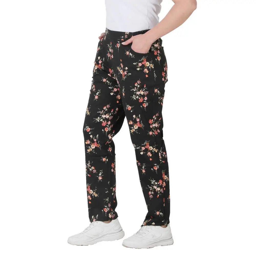Fierte Women Large Size Pants CcLone Linen High Elastic Waist Straight Bell-Bottomed Sports Pocket Flower Pattern Summer Spring Slim Casual Black