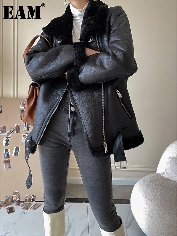 

[EAM] Loose Black Thick Leather Warm Big Size Jacket New Lapel Long Sleeve Women Coat Fashion Tide Spring Autumn 2023 1DF1614