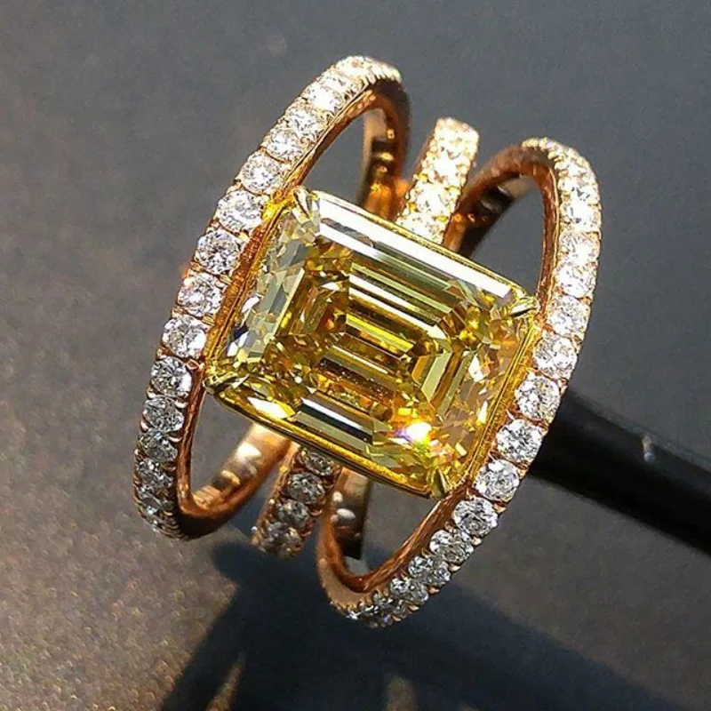 

Hot selling fashion champagne square diamond engagement ring with micro set group inlaid yellow gemstone ring