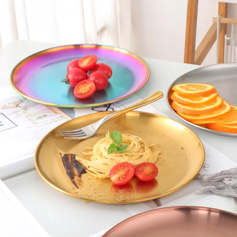 

Stainless Steel Plates for Food European Style Dinner Plates Serving Dishes Round Plate Cake Western Steak Tray Prop Home Decor