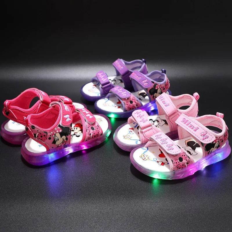 New Disney cute girls Minnie sandals with light princess kids soft shoes Europe size 21-30
