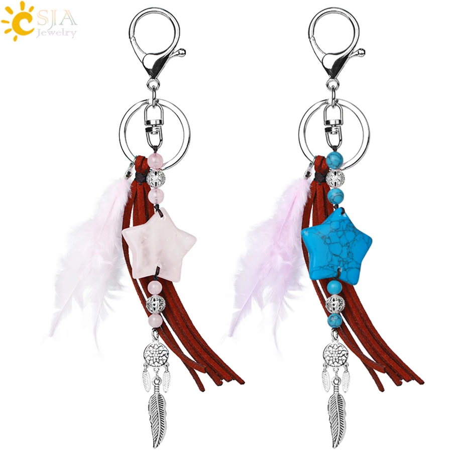 CSJA натуральный Ловец снов брелки Голубое перо кисточкой брелок с пентаграммой