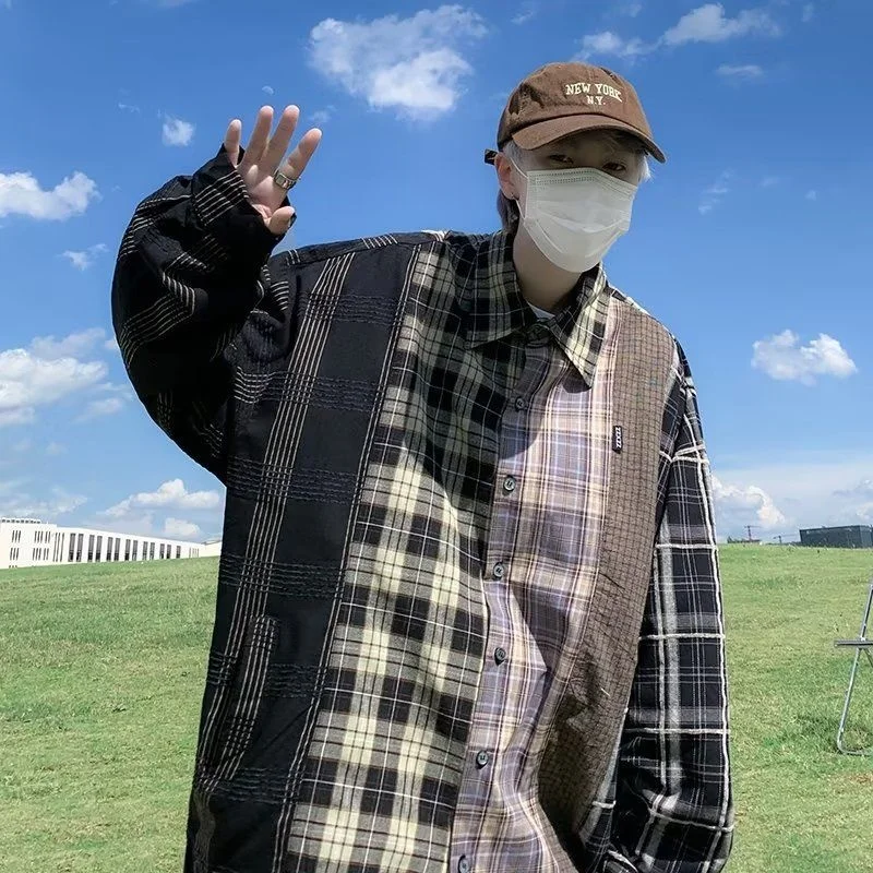 

Privathinker Plaid Patchwork Men's Casual Shirts Oversized Fashion Cardigan Harajuku Hip Hop Streetwear Autumn Male Blouses