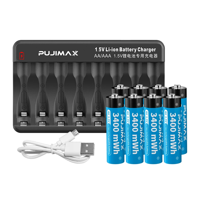 

PUJIMAX 8-Slot Lithium Battery Charger With USB Cable With 8Pcs AA 1.5V 3400mWh Rechargeable Li-ion Battery For Flashlight Toys