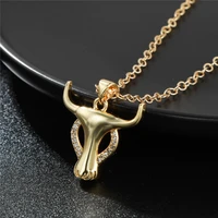 retro punk men hip hop fashion copper inlaid zircon bull head pendant necklace for women golden sparkling cool boy jewelry gifts