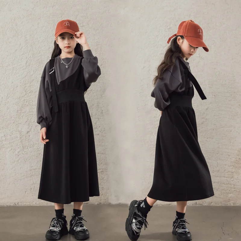 

Осень 2023, платье для девочек, модная уличная одежда для подростков, Длинный свитшот, зимняя одежда для девочек от 8 до 14 лет