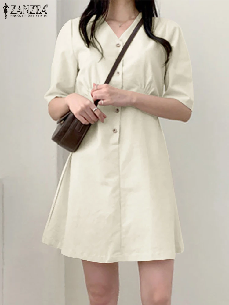 

ZANZEA Korean Fashion V-neck Mini Dress Women Casual A-line Cinched Waist Tie Back Short Robes Vintage Solid Half Sleeve Dresses