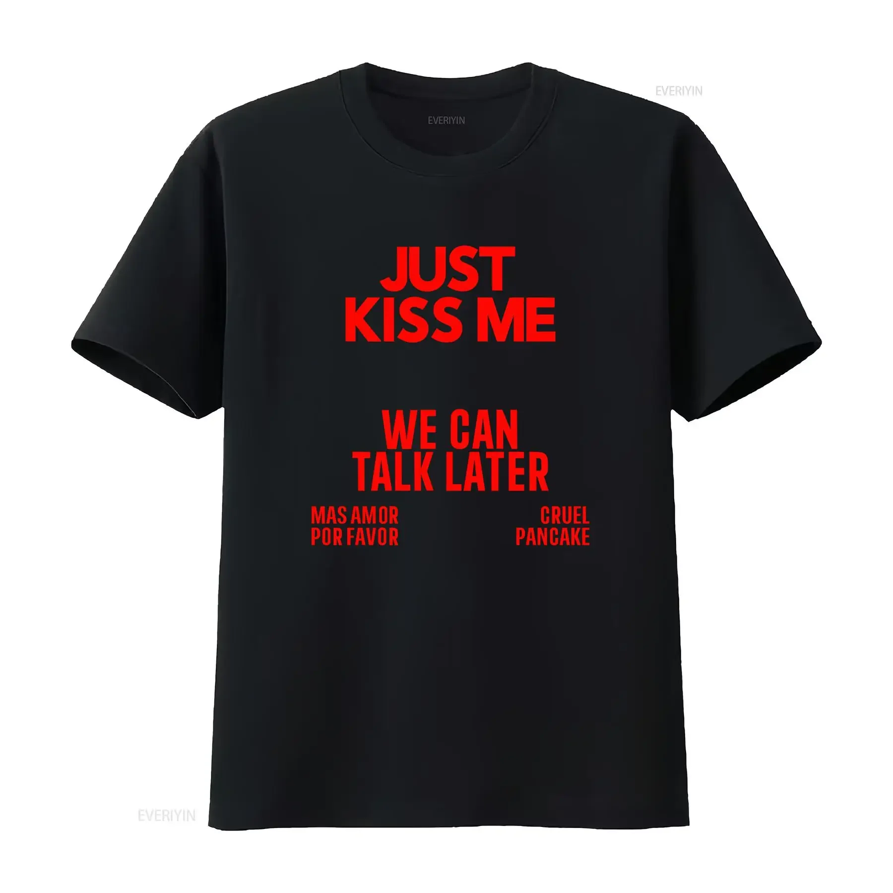 Фото Футболка с надписью «JUST KISS ME We Can Talk Later», забавная мем-футболка с цитатой для женщин и мужчин, винтажная, с эффектом потертости, дизайнерская одежда с графическим принтом, повседневная. №1