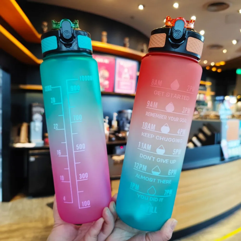

32oz Leakproof Sports Water Bottle With Straw & Time Marker Frosted Rainbow Gradient Plastic Drink Bottle For Gym and Workout