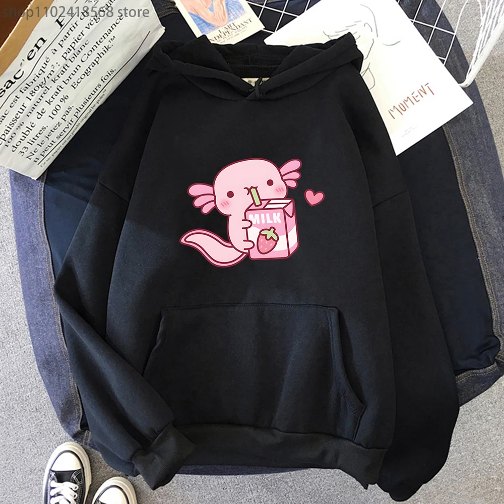 

Cute Pink Axolotl Loves Strawberry Milk Hoodie Women Kawaii Sweatshirt Long Sleeve Pullovers Men Clothes Kawaii Y2k Sudaderas