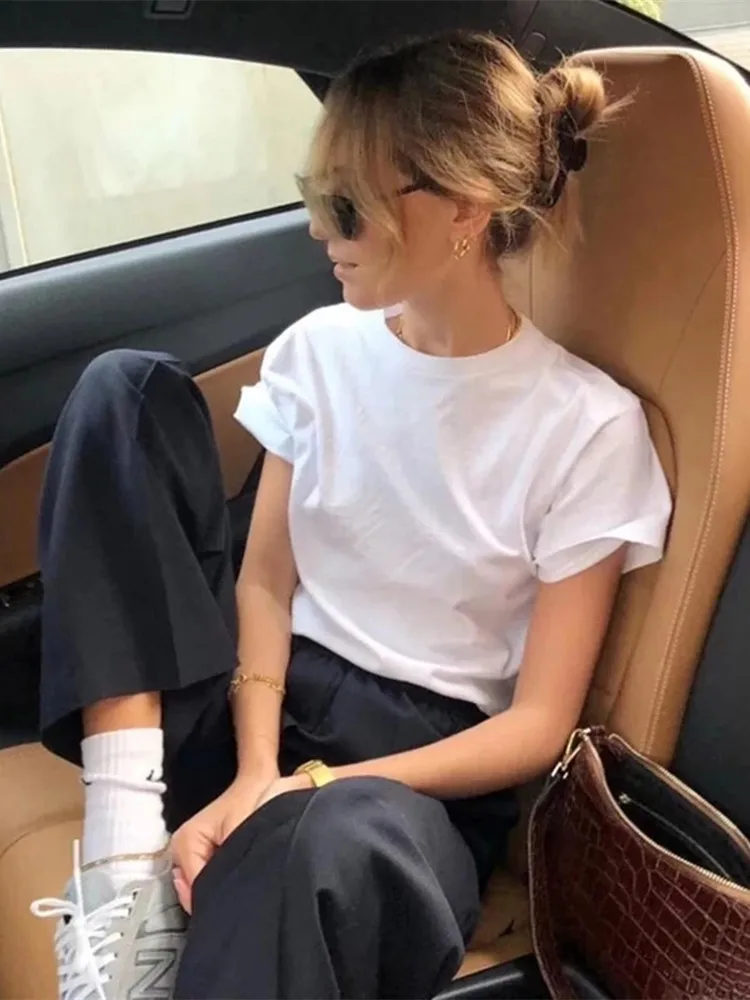 

Kaus Dasar Solid Katun 100% Wanita Kaus Longgar Kasual Musim Panas Kaus Wanita Atasan Wanita Leher O Ukuran Besar