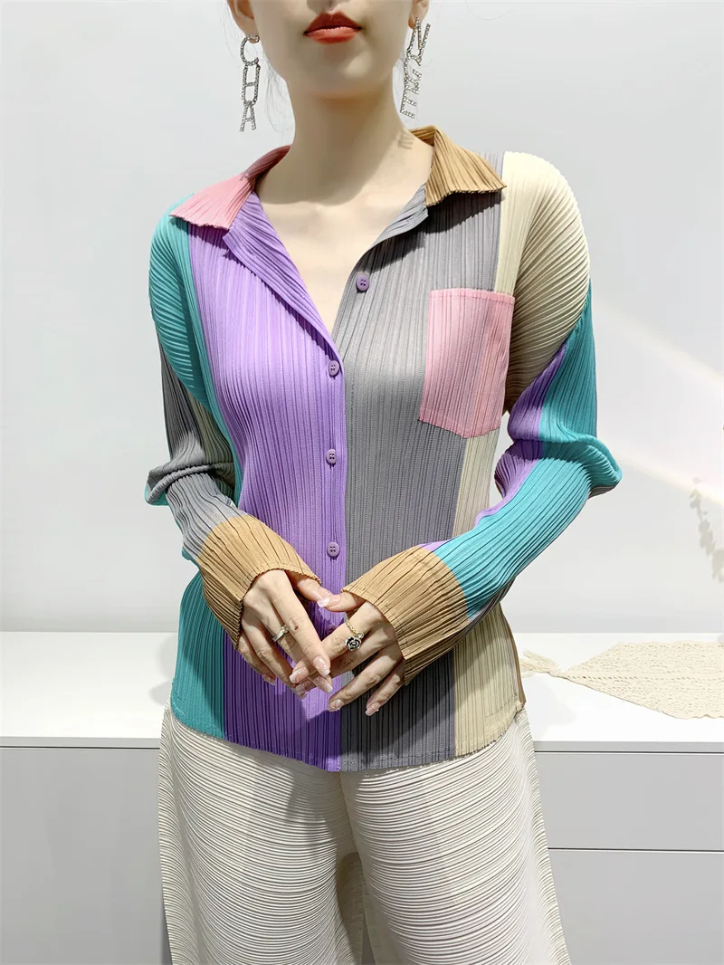 

Рубашка женская плиссированная с длинным рукавом, модный топ в стиле пэчворк, облегающая блузка, весна-осень
