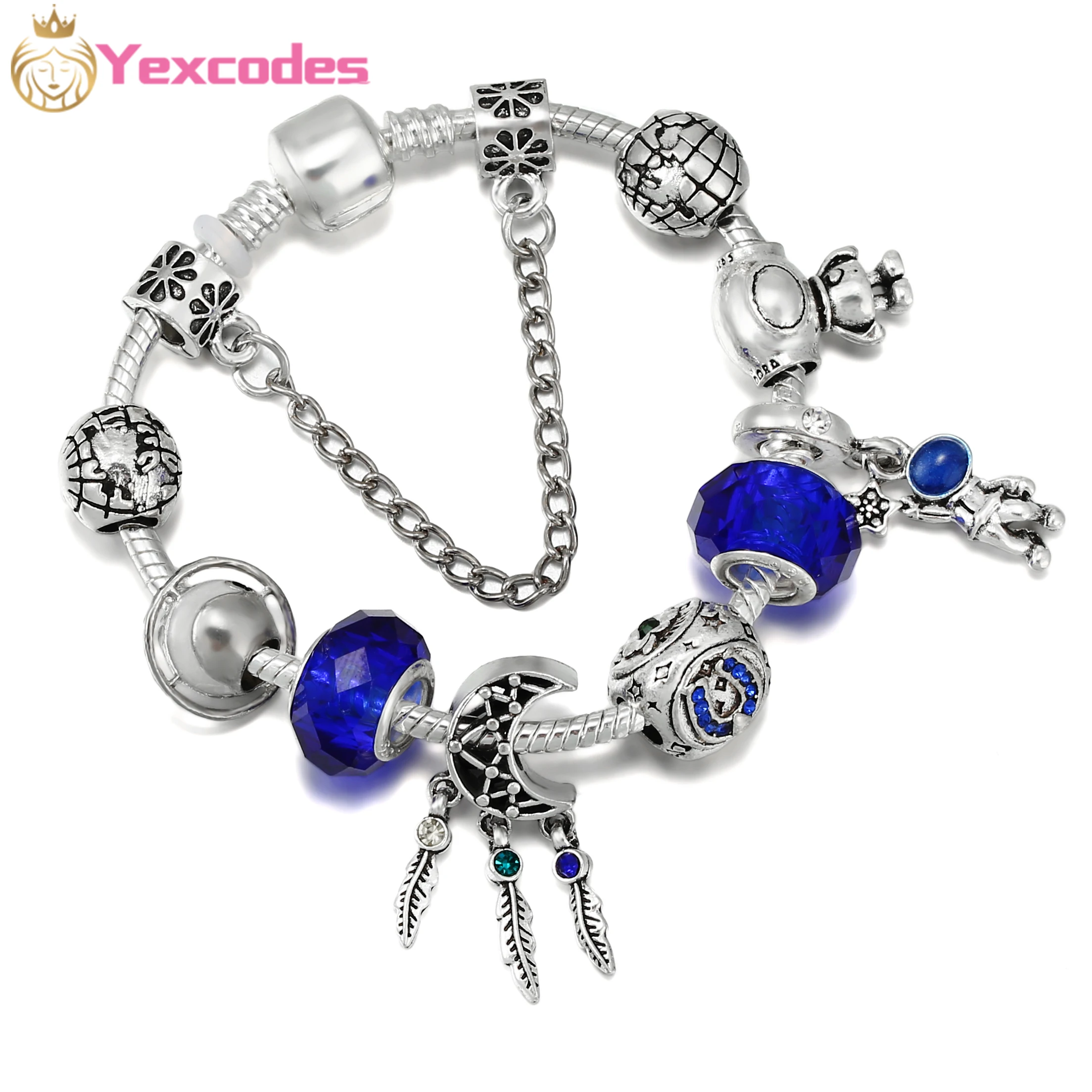 

Yexcodes European Pop Astronaut and Dream Pendant Brand Women's Bracelet DIY Blue Faceted Beads Fine Women Bracelet Gift