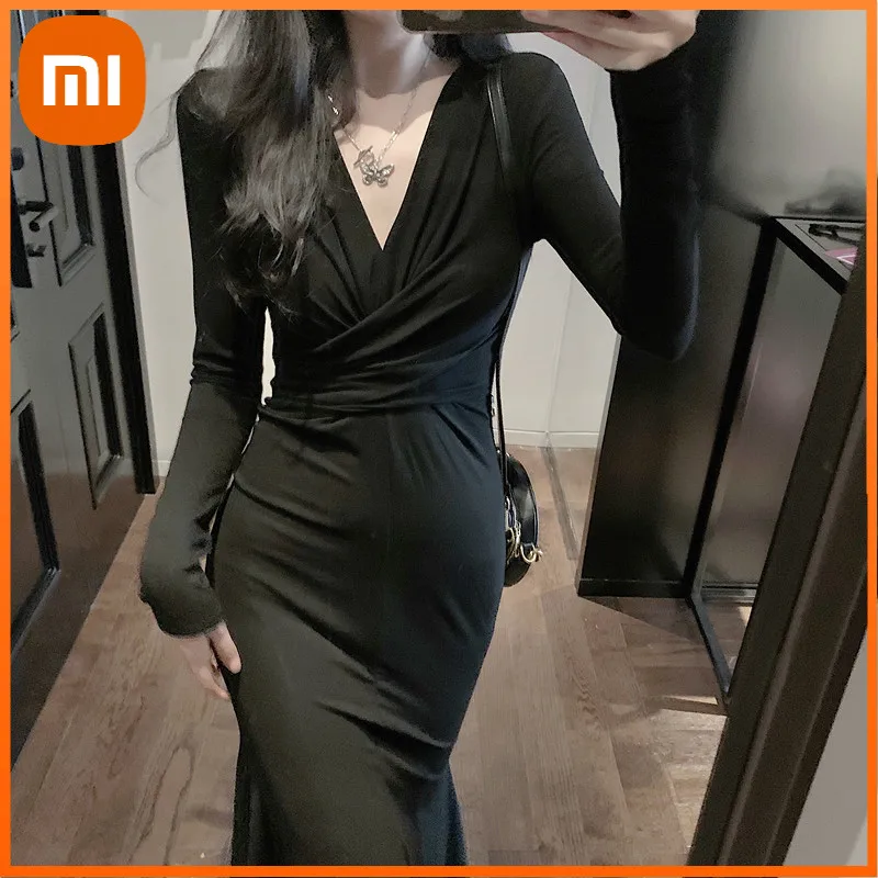 

Xiaomi Solid Sexy Midi Dress Women Office Lady V-neck Design Elegant Dress Casual Evening Party One Piece Dress Korean Autumn