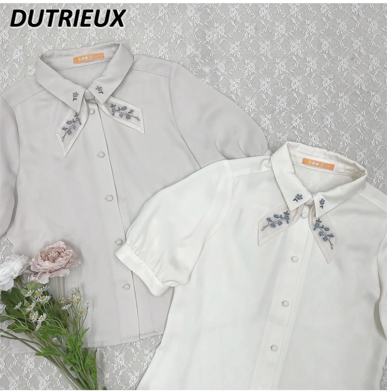 

Summer Japanese Style Lady Shirt Embroidered Flower Bow Short Sleeve Top for Women Loose Western Style Casual Blouse Female