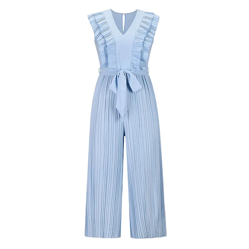 Women 2023 Summer Fashion Ruffle Lace Sleeveless Jumpsuit High Waist Pleated Wide Leg Pants Casual Solid Color V-neck Jumpsuits