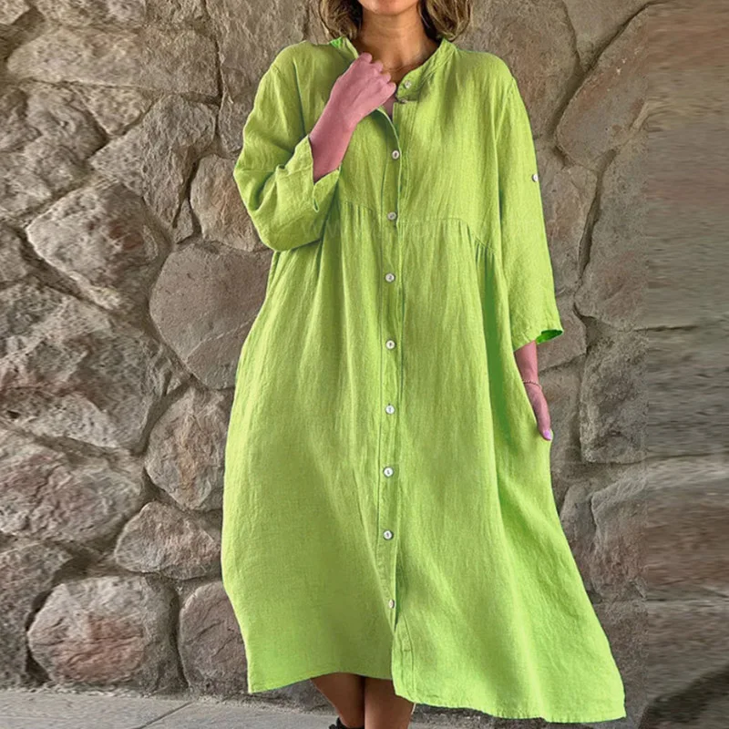 

Fashion Casual Solid Cotton Linen Dress Spring Summer Single-breasted Pocket Shirt Dress Vintage Women 3/4 Sleeve Loose Dresses