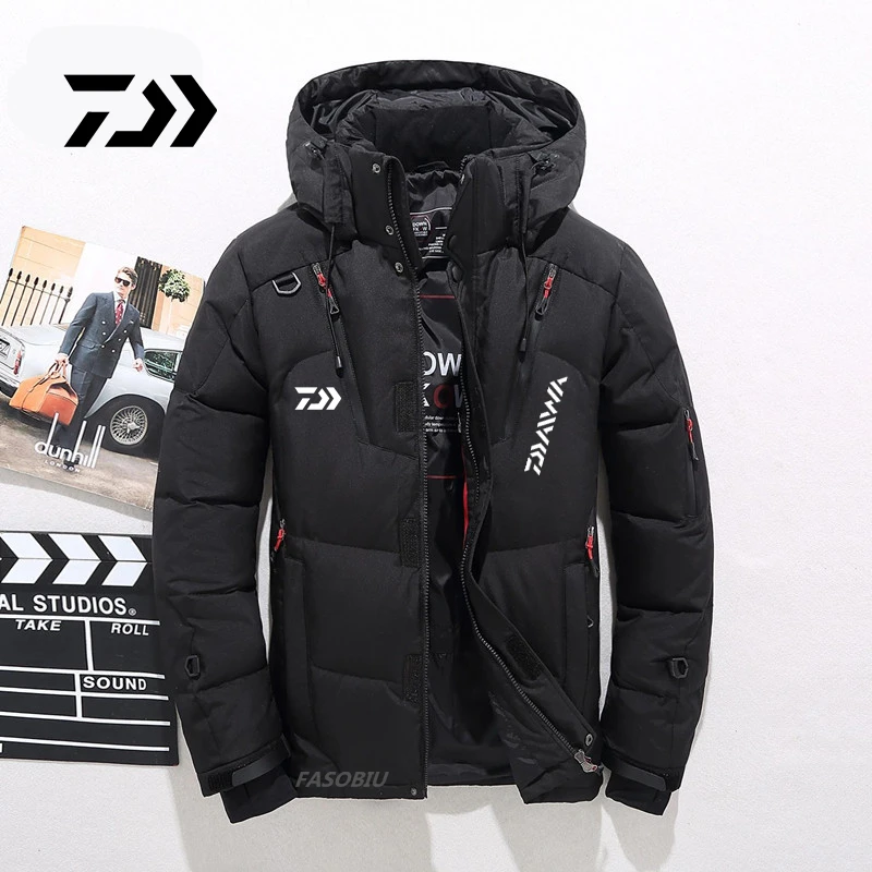 

Men's White Duck Down Fishing Jacket Warm Hooded Thick Puffer Coat Male High Quality Clothing Thermal Winter Fishing Clothes