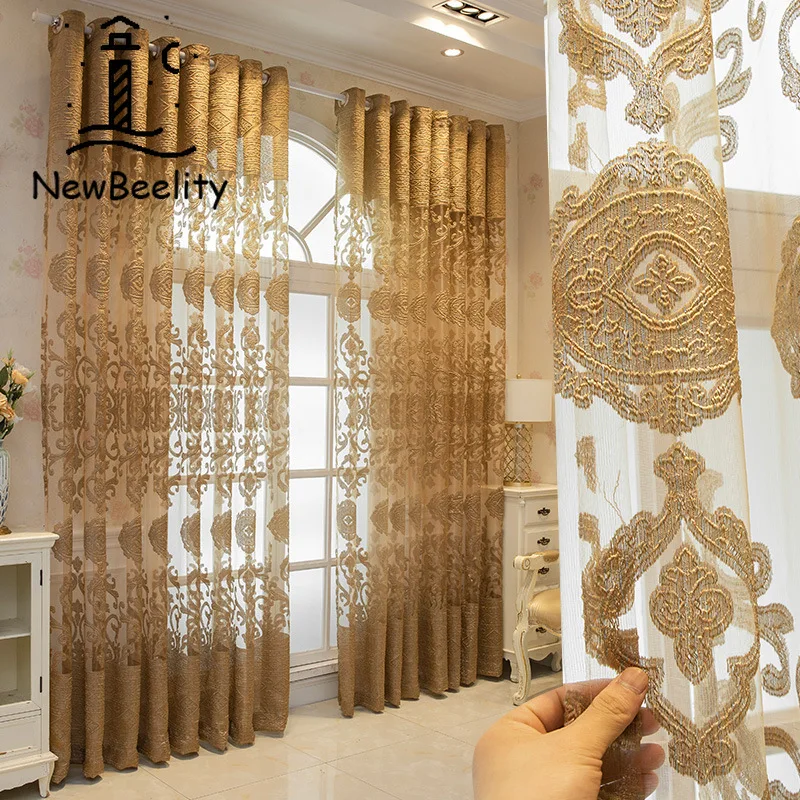 

European Style Curtains for Living Dining Room Bedroom High-end Luxury Coffee Color Curtain Embroidered Tulle Custom Curtains