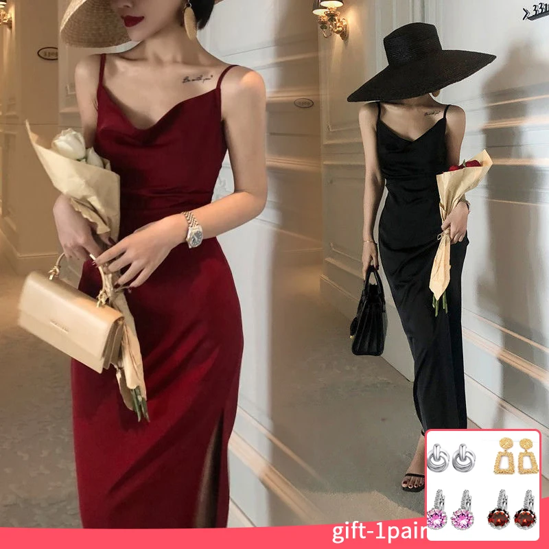 

V-Neck Women's Elegant Party Dress for New Year 2022 Evening Red Wedding Silk Midi Dress Spaghetti Strap Long Satin Dresses