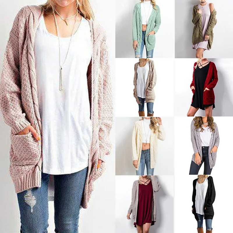 

2020 autumn and winter new products mid-length large size solid color pocket sweater ladies twist knitted cardigan
