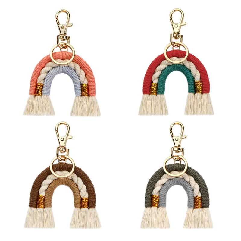 

4 Pieces Macrame Rainbow Keychain, Handwoven Keyring, Boho Rainbow Key Pendant For Car Key Handbag Backpacks Purse