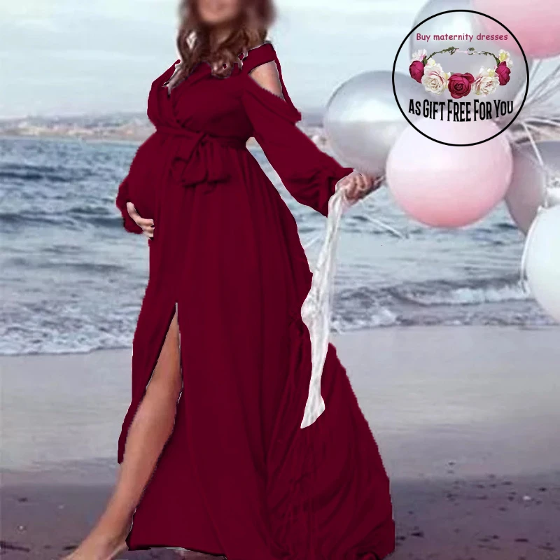

Maternity Photoshoot Dress Women Pregnancy Maxi Gown Sexy Split Long Deep V neck Pregnant For Baby Shower Photography Prop