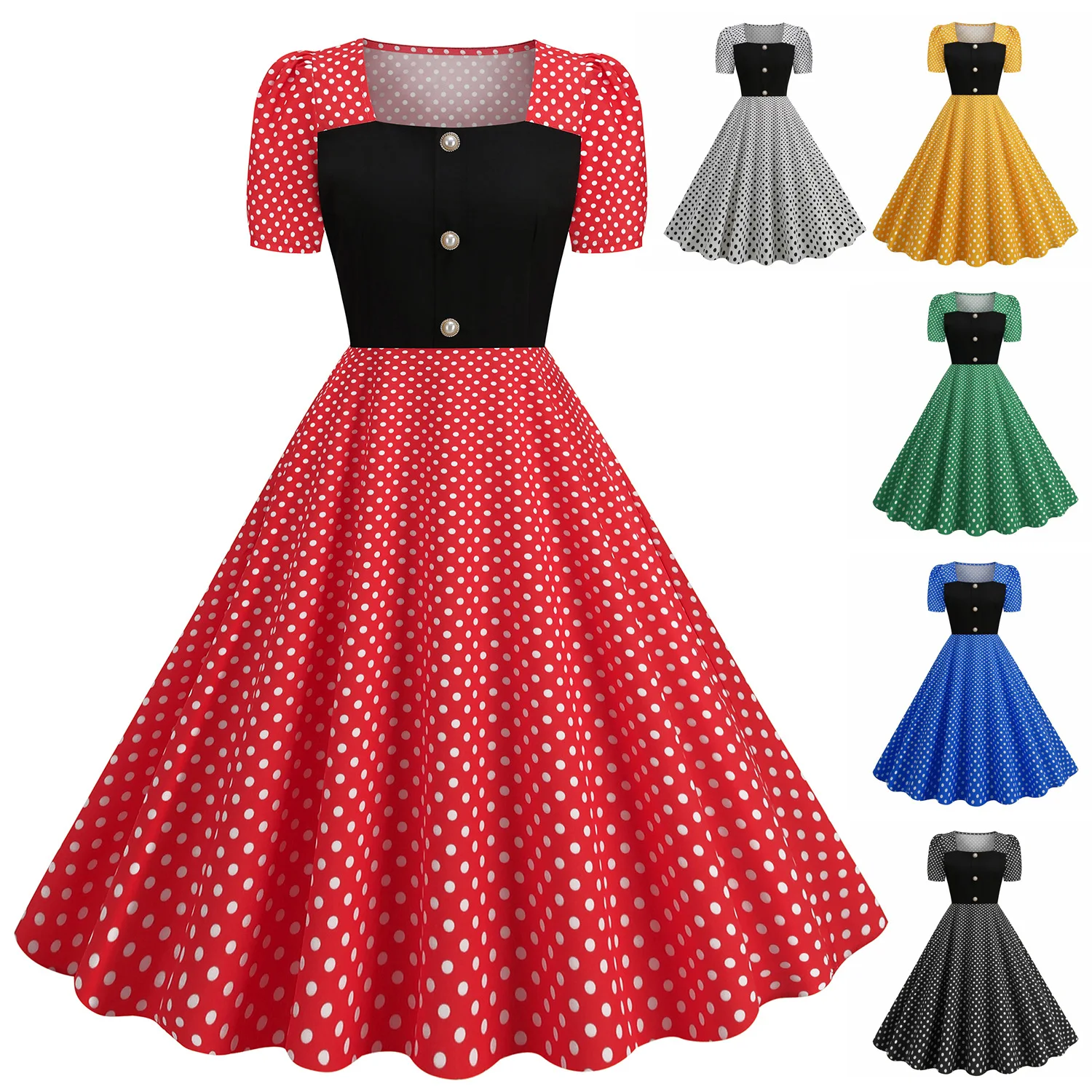 

Square neck short sleeve large swing polka-dot vintage dress