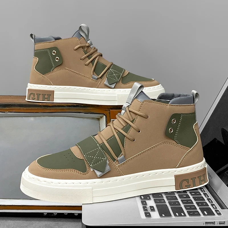 

Кроссовки мужские высокие, ПУ кожа, на шнуровке, удобная повседневная обувь для ходьбы, черные бежевые