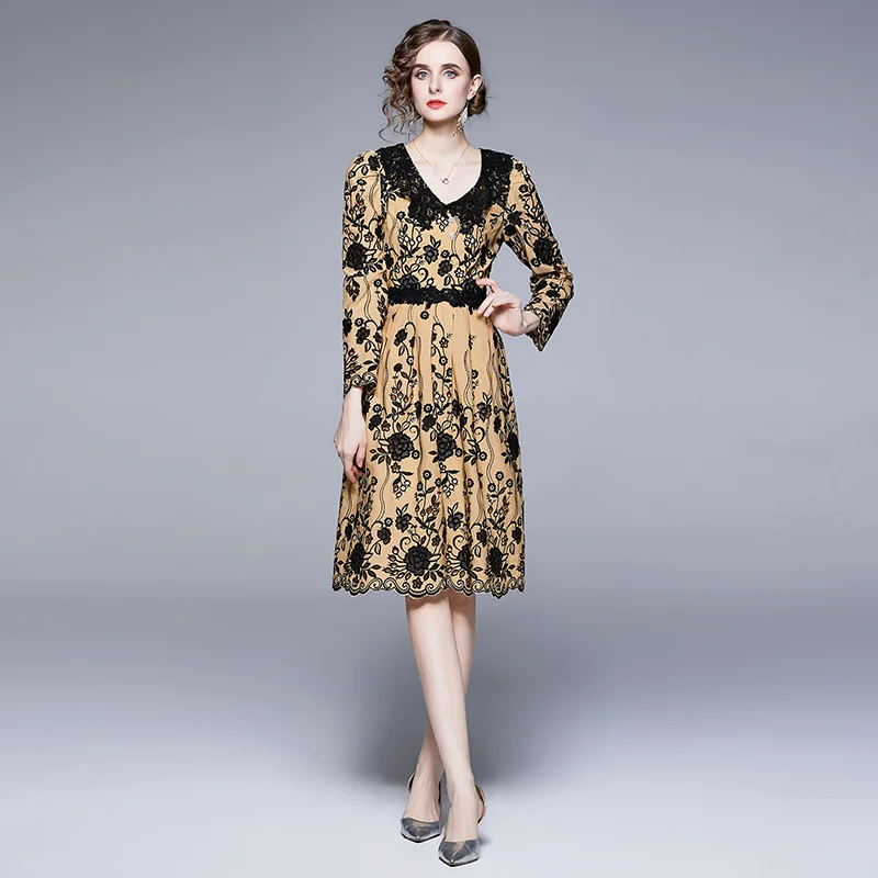 

Женское винтажное платье с цветочной вышивкой, Элегантное коктейльное платье-трапеция, модель Q547 на осень