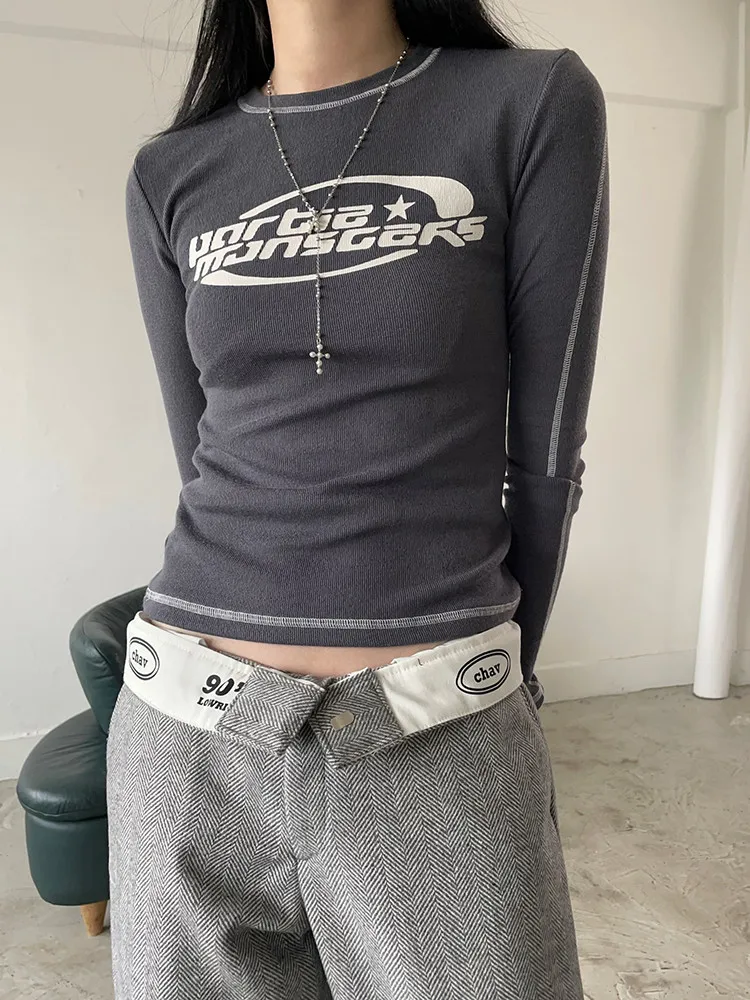 

SUCHCUTE Grunge Stitch Patched Women T Shirt Vintage Korean Fashion Bodycon Grey Crop Tops y2k Long Sleeve Casual Kpop Clothes