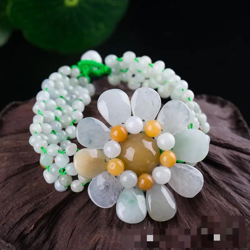 

Natural Jadeite Flower Bracelet Women Healing Bangle Genuine Burma Jades Stone Weave Sunflower Bracelets For Girlfriend Mom Gift