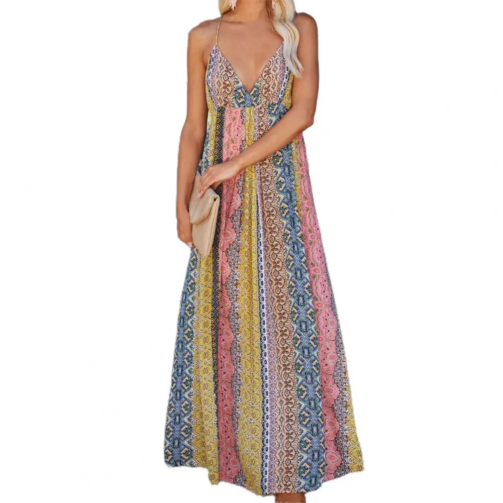 

Vintage V-Neck A-Line Backless High-Waist Sling Dress Large Hem Ethnic Floral Print Women Long Dress Female Clothing Boho Robe
