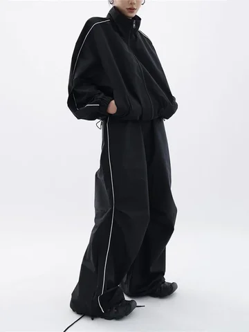 Спортивный Модный комплект из 2 предметов, Женская шикарная Черная куртка в стиле сафари + мешковатые брюки-карго, уличная одежда, повседневная универсальная Весенняя унисекс